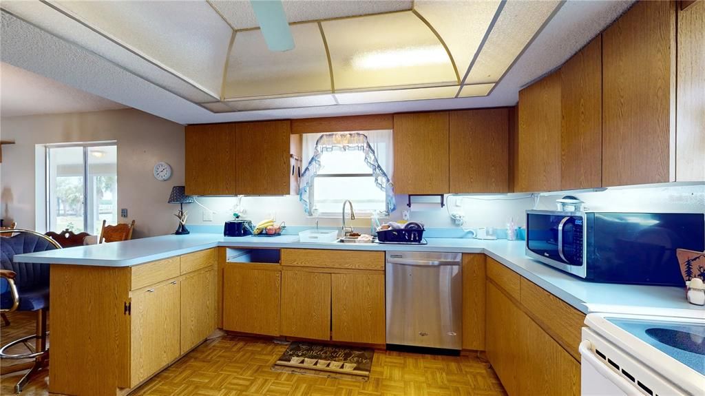 Kitchen with a lake view