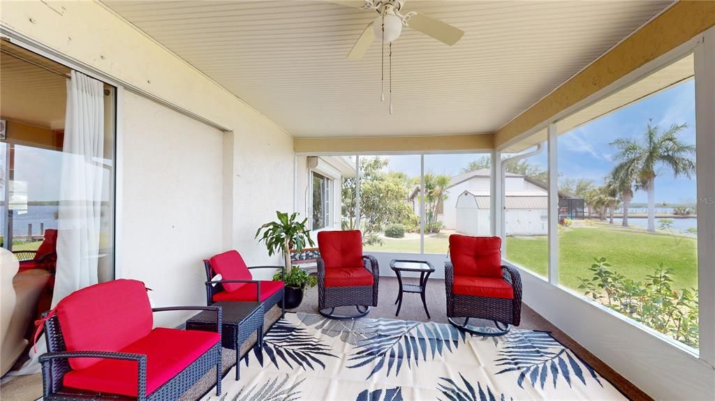 Screen in lanai with ceiling fan and lights