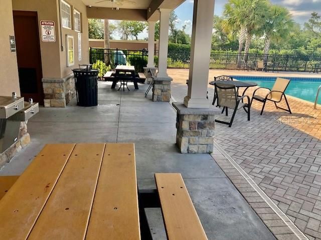 Picnic table area with rest rooms