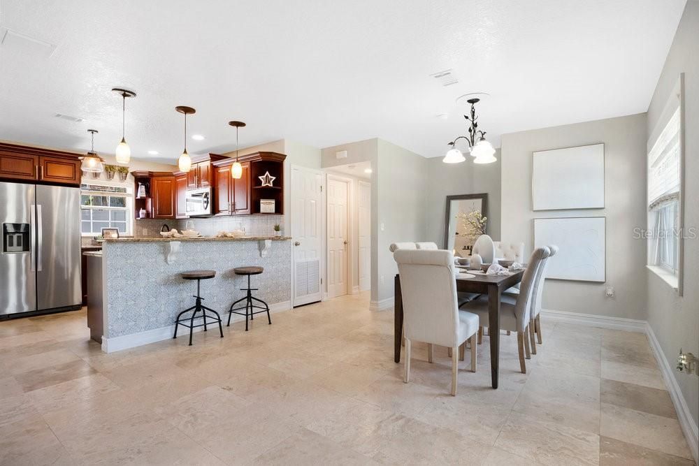 Living/Dining Rooms and Newer Open Kitchen. Travertine Flooring