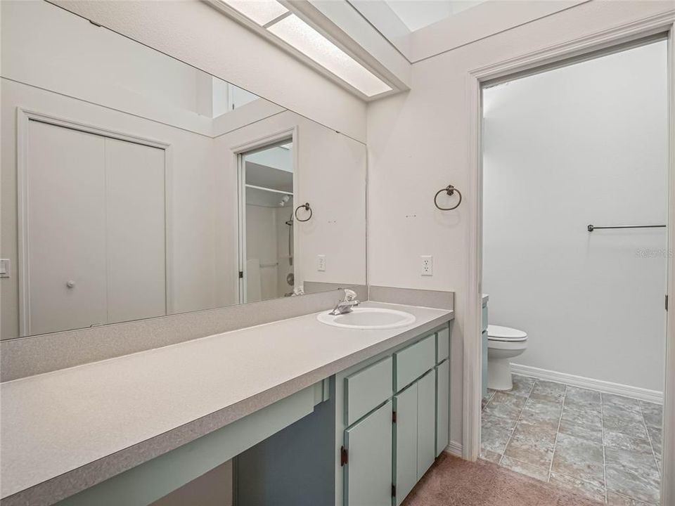 Walk-in closet, makeup vanity with sink, second vanity with sink, chair height toilet, tub shower combo & skylight in bath.