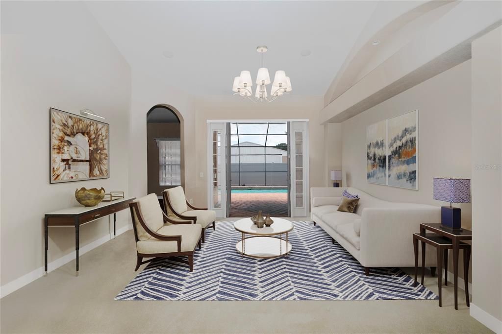 view of Living Room with French doors open to pool)