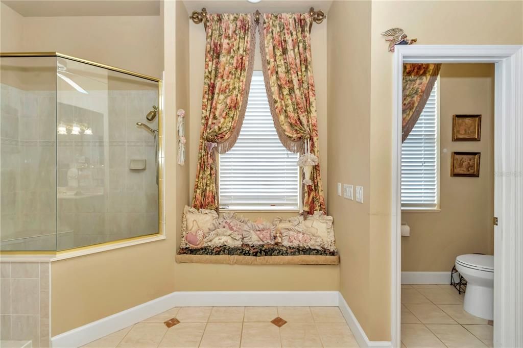 Primary Bath shower, sitting area and commode