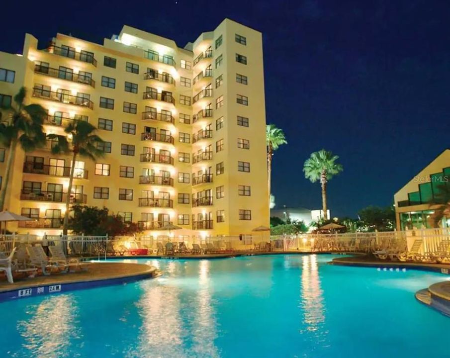 Exterior Building evening pool view