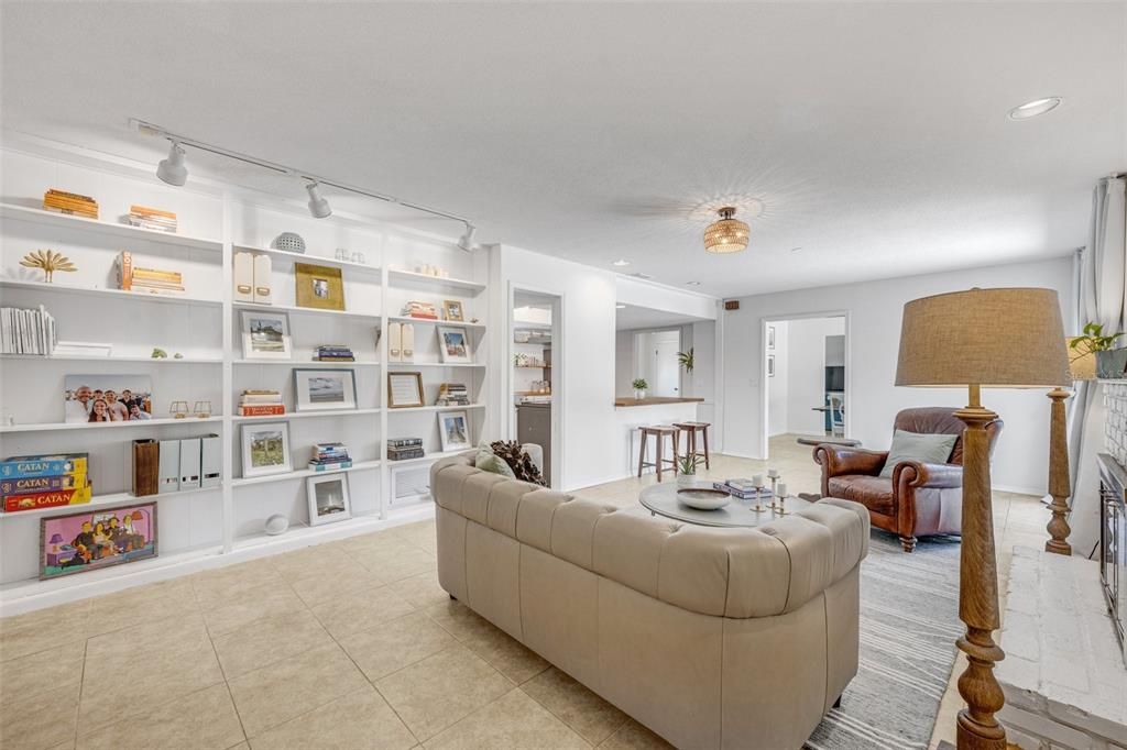 Built-in book shelves add charm to the family room.