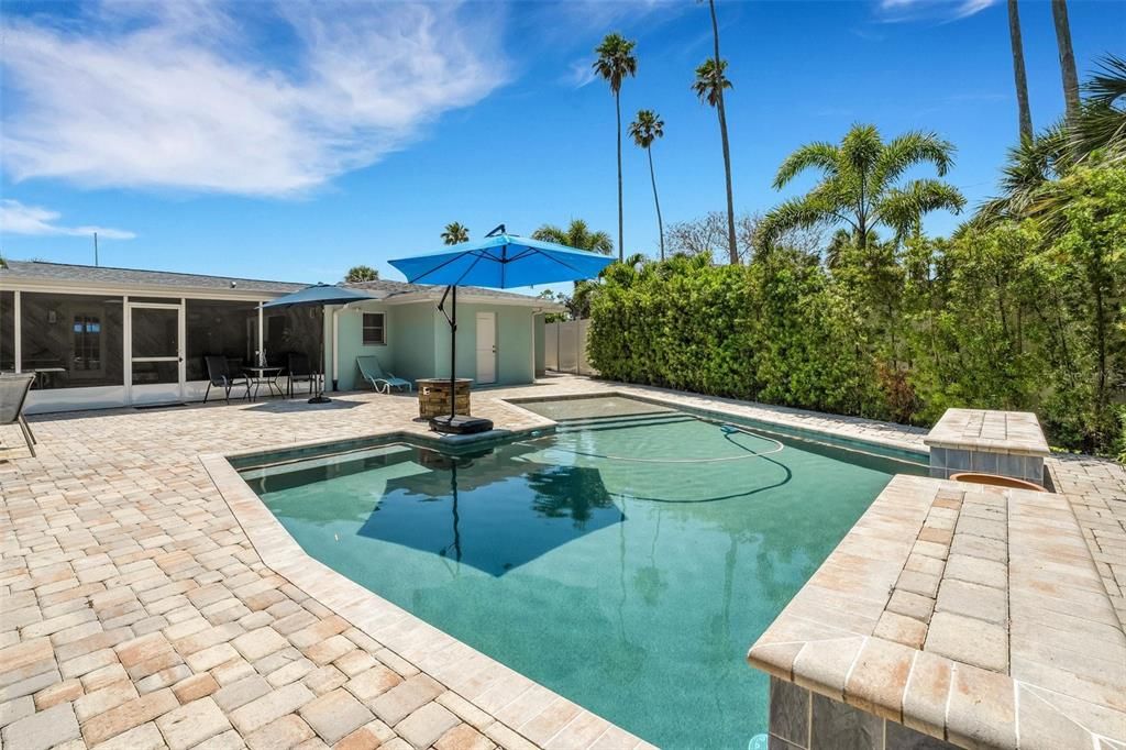 Saltwater Pool with Sunshelf, Waterfalls, 7 FOOT PRIVACY FENCE