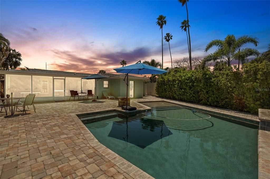 Saltwater Pool with Sunshelf, Waterfalls, 7 FOOT PRIVACY FENCE