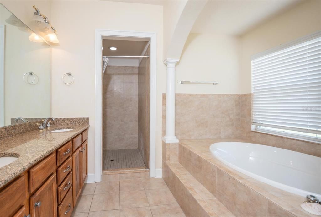 Owner's Suite Ensuite Garden Bath, With Dual Sinks, Garden Tub, and Large Step-In Shower Stall!