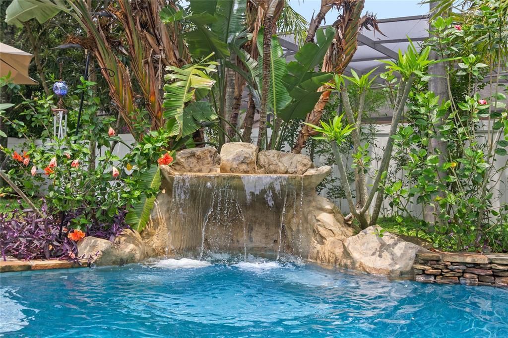 View of lagoon style pool with oversized hot tub, grotto paver patio and sun shelf.