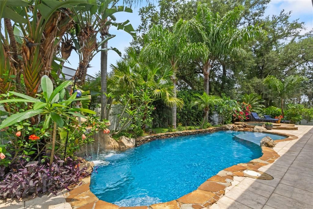 View of lagoon style pool with oversized hot tub, grotto paver patio and sun shelf.