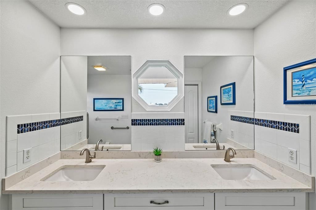 Dual vanity in master bathroom.