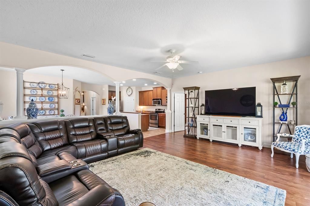 Living Room: View to Kitchen and Dining Room