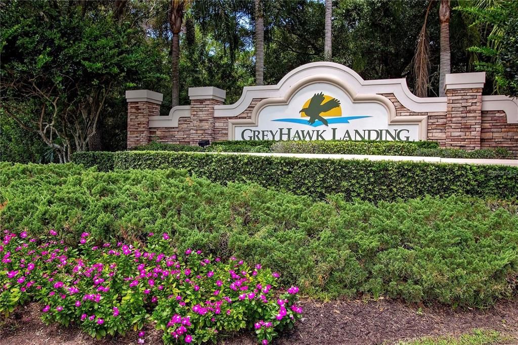 Front entrance into Greyhawk Landing, $75 a year HOA includes, Gated Community, Fitness Facility, Tennis, Pickleball, Basketball Courts, Playgrounds, Fishing, Baseball, Soccer Fields, 5 miles of Biking/Walking Paths, Two Community Heated year-round pools, Spas and Waterslide.