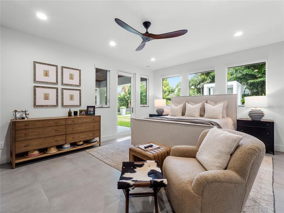 Master suite with modern tiled floors