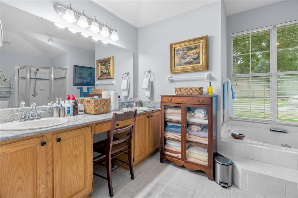 Primary bath dual vanities, granite countertops