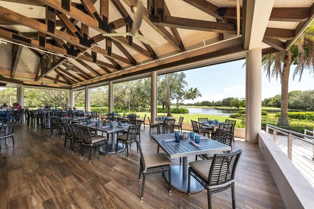 outdoor dining with golf course views.