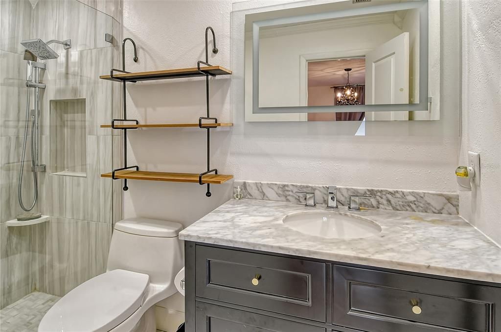 Master Bathroom new in 2019, vanity, marble counter, commode with a bidet setting, all tiled shower