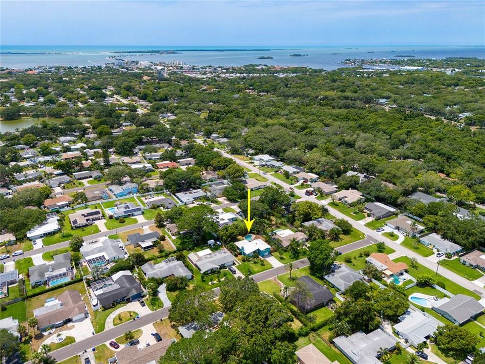 This aerial view of the home is looking a bit more Northwest and shows how close you are to the Dunedin Causeway with access to award winning Honeymoon and Caladesi Islands.