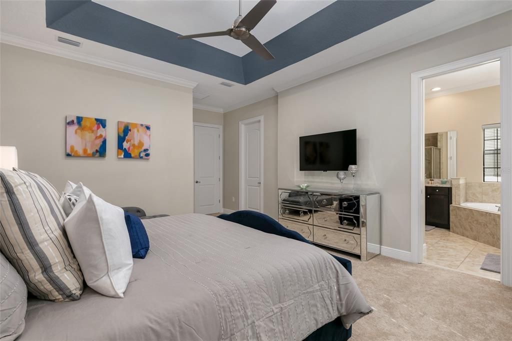 Upper level primary bedroom with tray ceiling