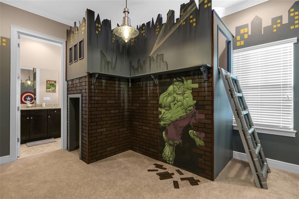 Rugged bunk bed room with action characters throughout