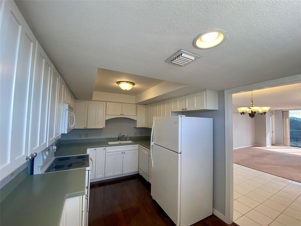 Kitchen off of Dining, wood floors, corian & wood cabinets