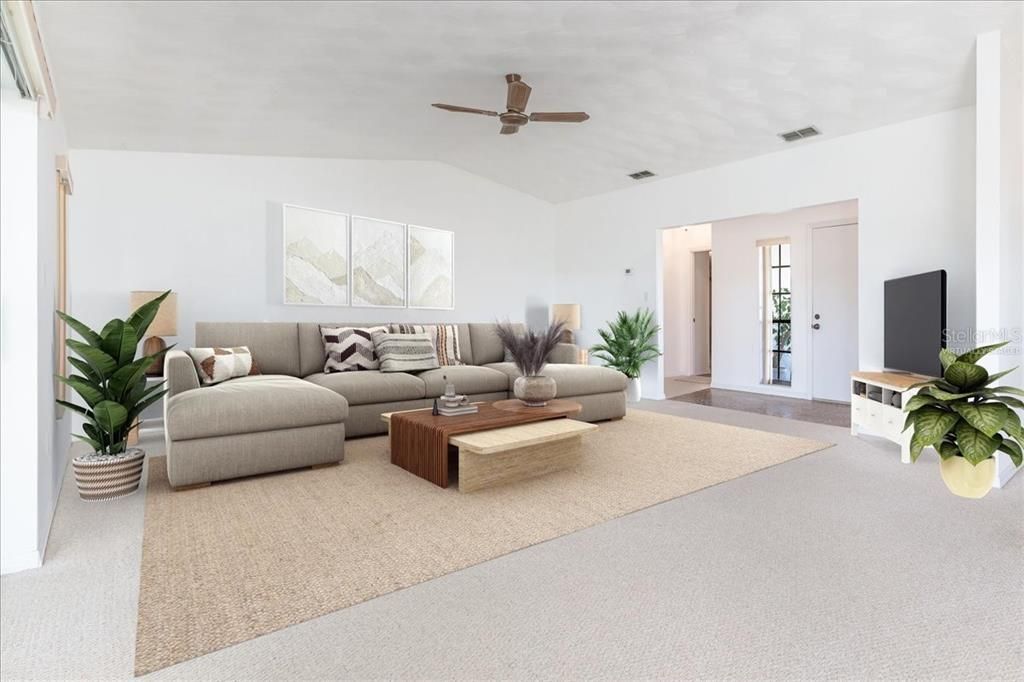 Virtually Staged Living Room with Vaulted Ceilings
