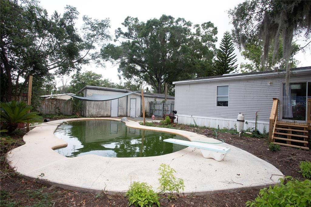 View of pool/pond and back storage, hang out, shed, cave, playroom etc.