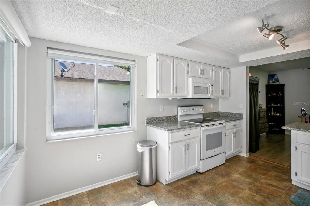 Kitchen with a small dinette area looking out two windows.