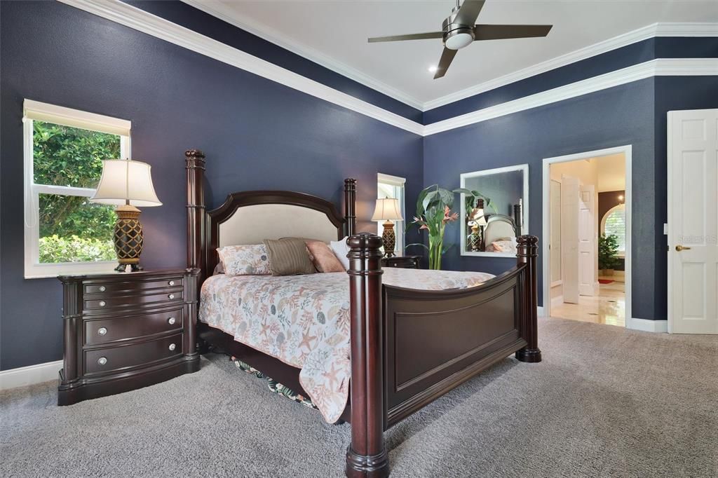 Master bedroom has crown molding, A wonderful closet