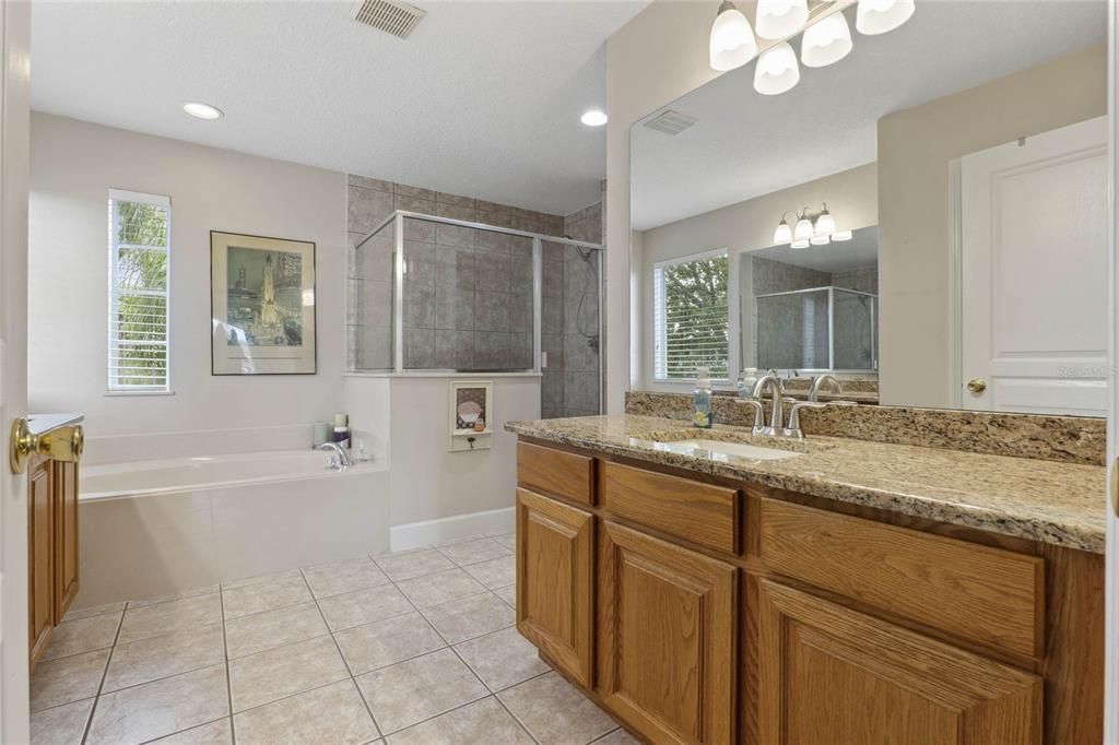 primary bath, dual sinks, tub and step in shower, walk in closet