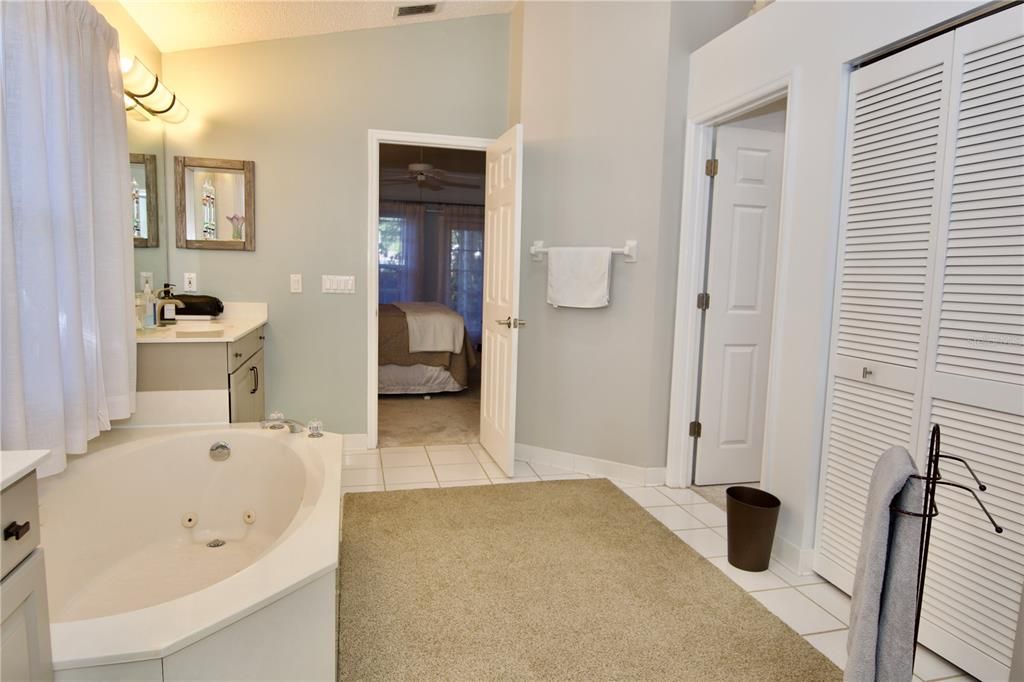 Master bathroom with linen closet and walk in closet