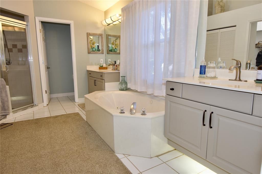 Master bathroom with two separate vanities, large tub, walk-in shower, and private toilet room.