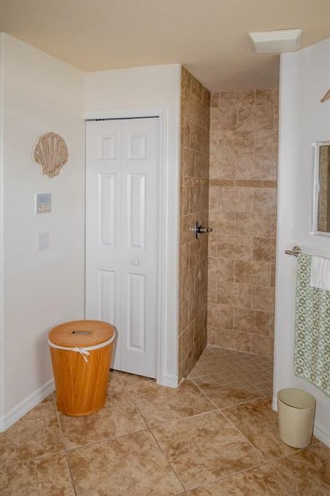 Linen closet and walk-in shower.