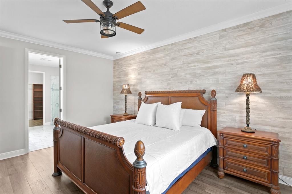 There's also a wood accent wall in the master suite