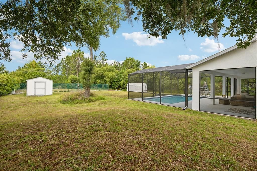 There are sheds for storage and a fenced area.