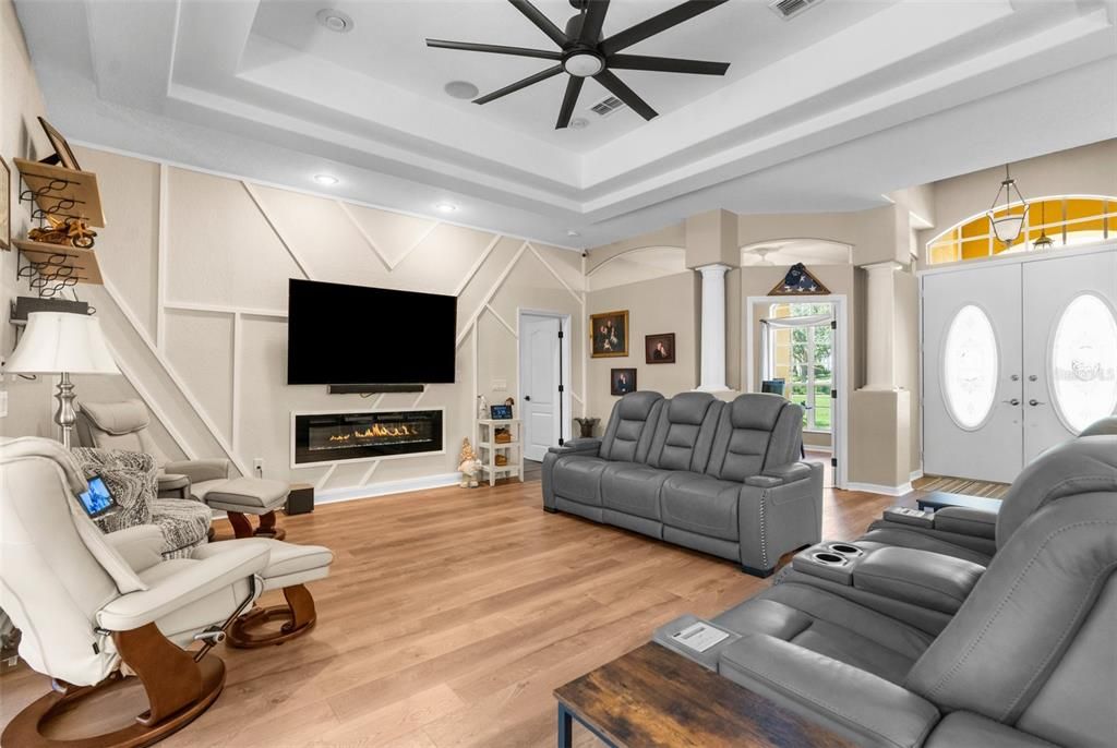 Great room with tray ceilings