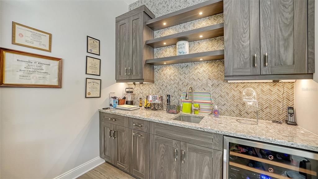 Custom Home Office with Wet Bar, Sink and Sub-Zero Wine Cooler