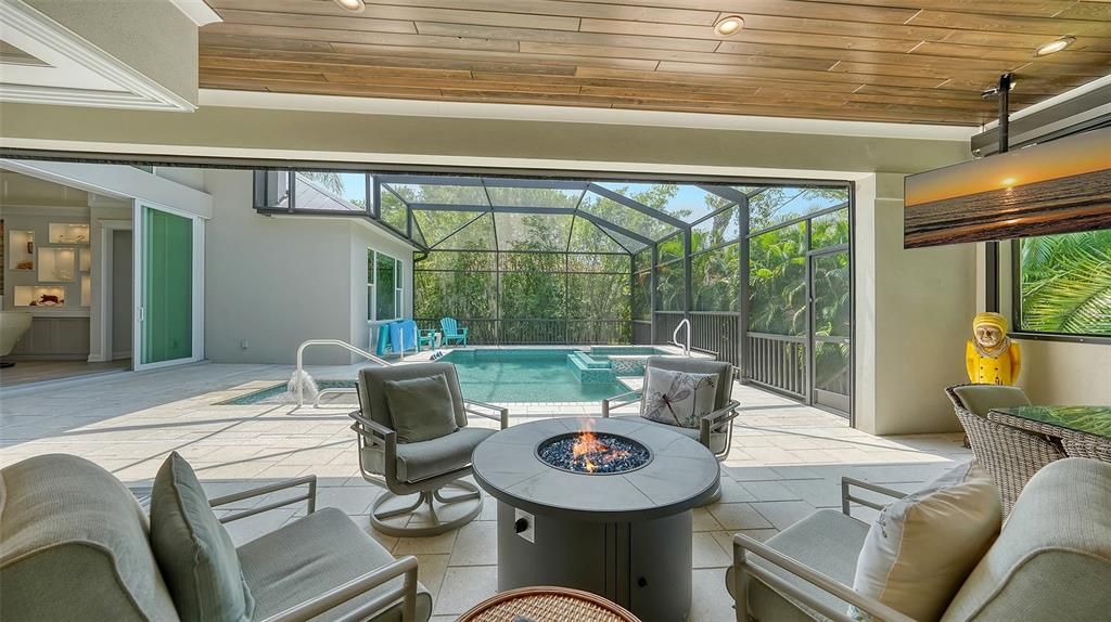 Firepit on the covered lanai .