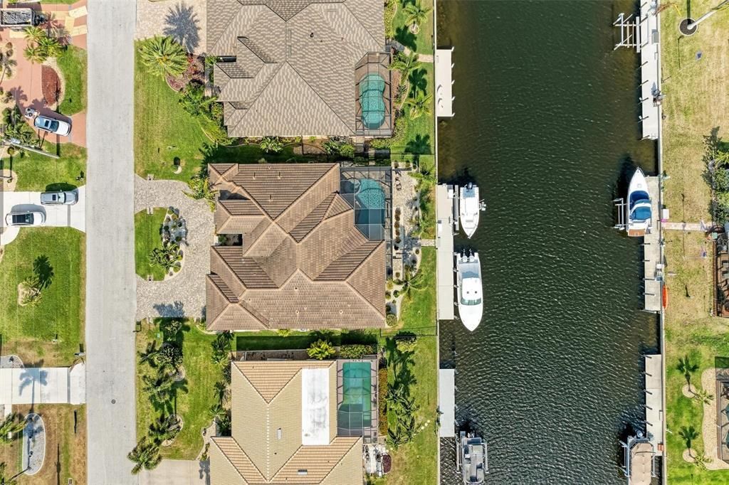 Aerial of 80x120 size lot, on wide canal