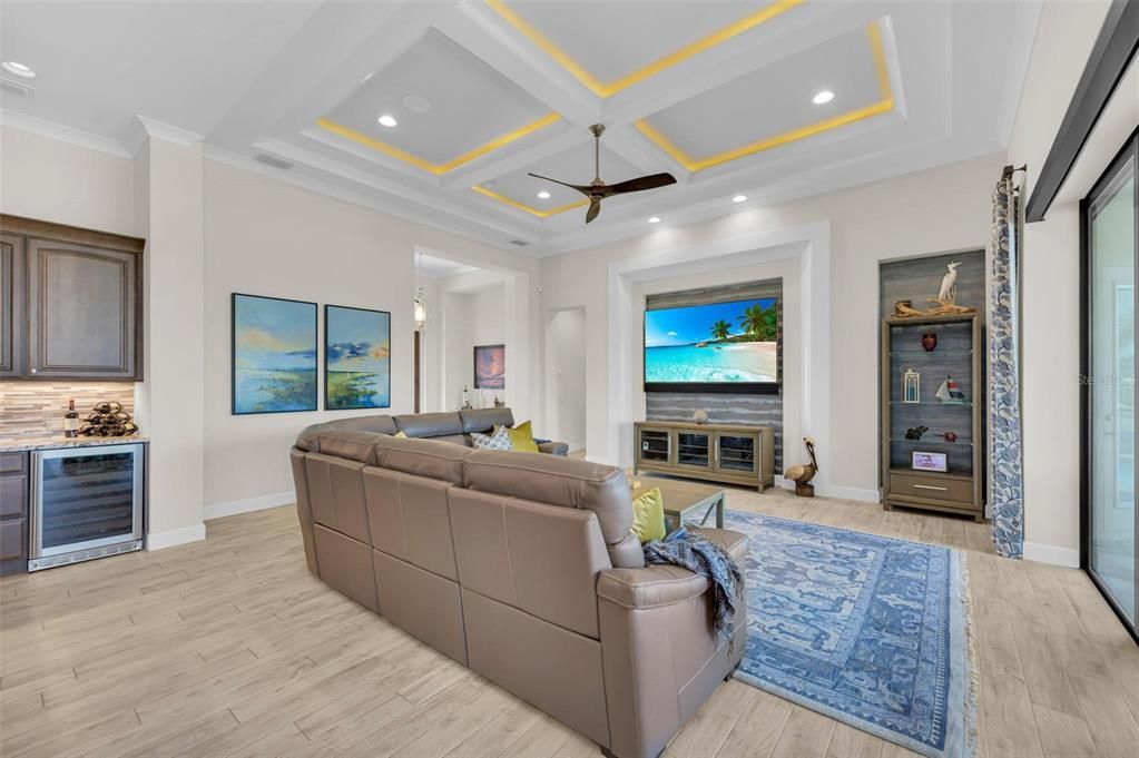 Great Room with 12-foot coffered ceilings
