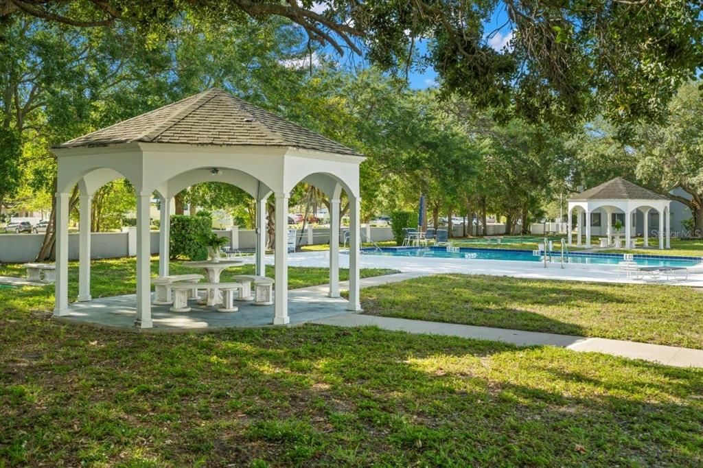 Community Common Area featuring gazebos, a community pool, and shuffle board courts.