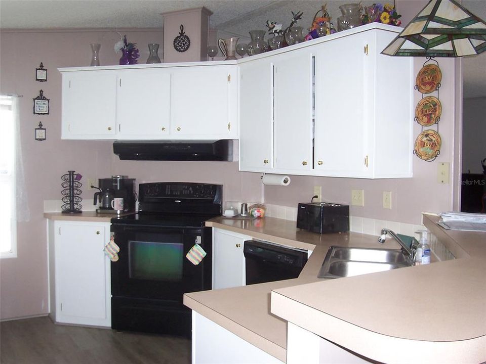 Kitchen has lots of cabinets and counter space.