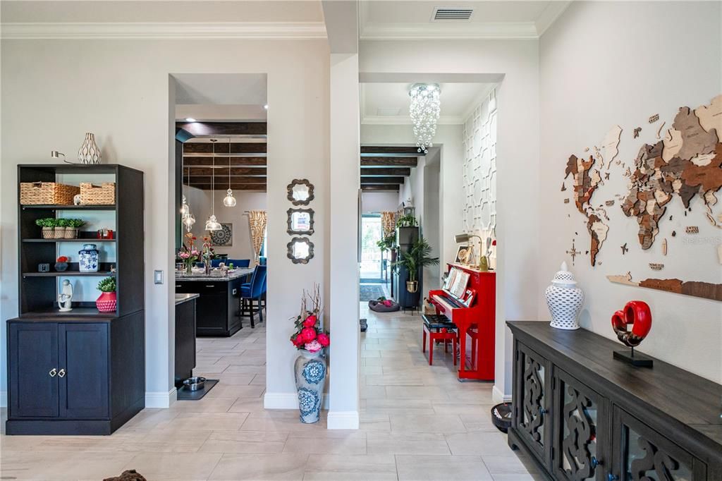 entryway overlooking dining room turned into a reading room