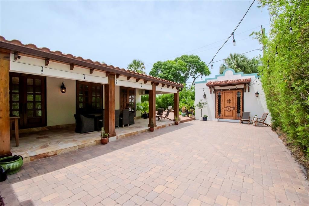 View of pavered courtyard to Casita at the far end