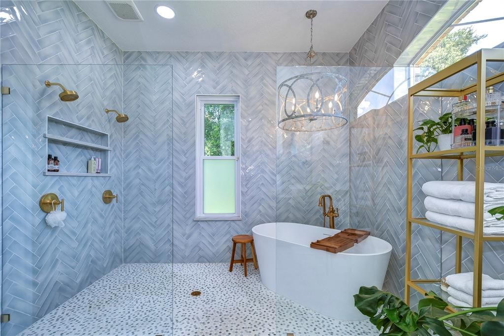 Spa-like remodeled bathroom huge walk-in shower and a stand alone soaking tub!