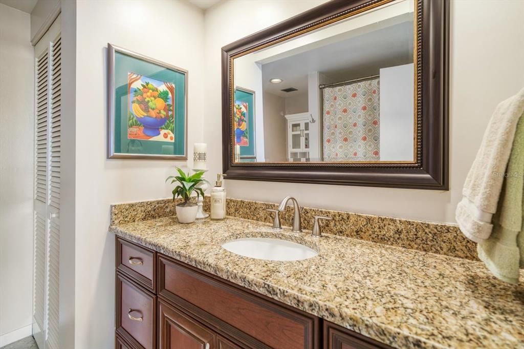 General bath area with attractive counters and vanity area and shower.