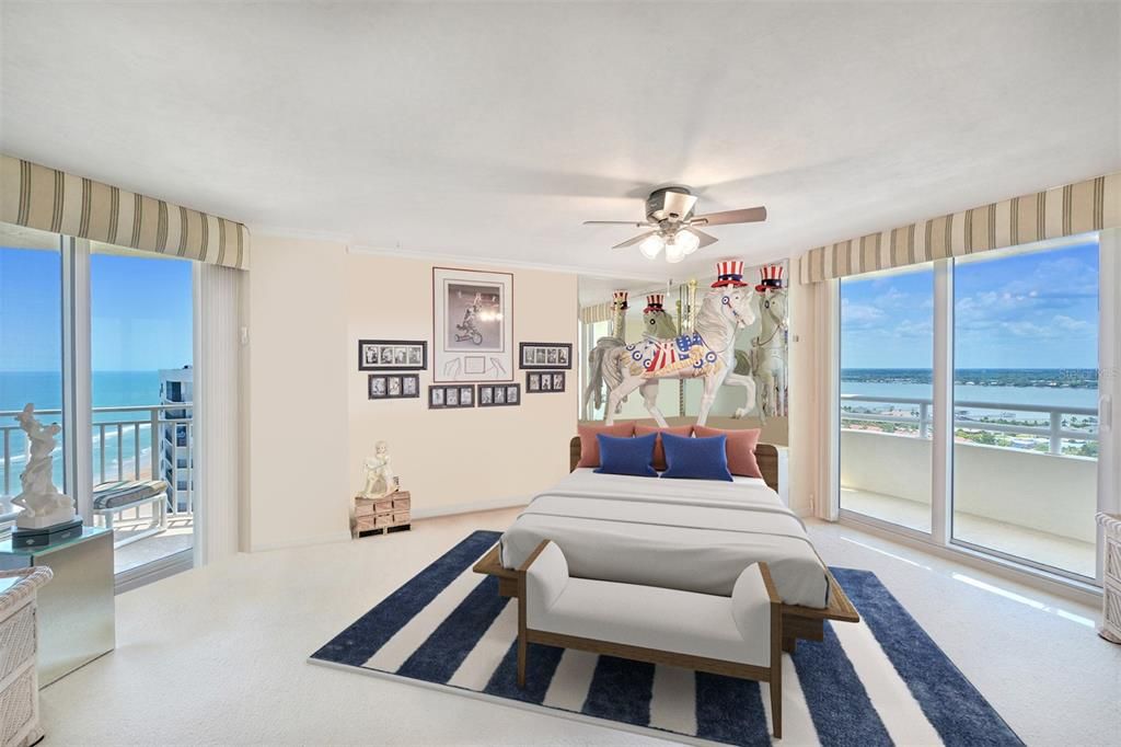 Elevate your living experience in the owner's suite where dual balconies offer panoramic vistas of both the ocean's infinite blues and the serene ICW. This is a space where every day begins and ends with a view that takes your breath away.