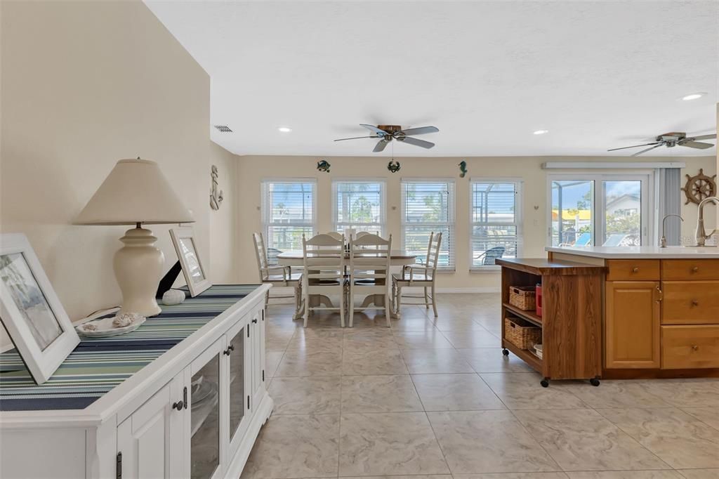 View from living room to kitchen and dining room.