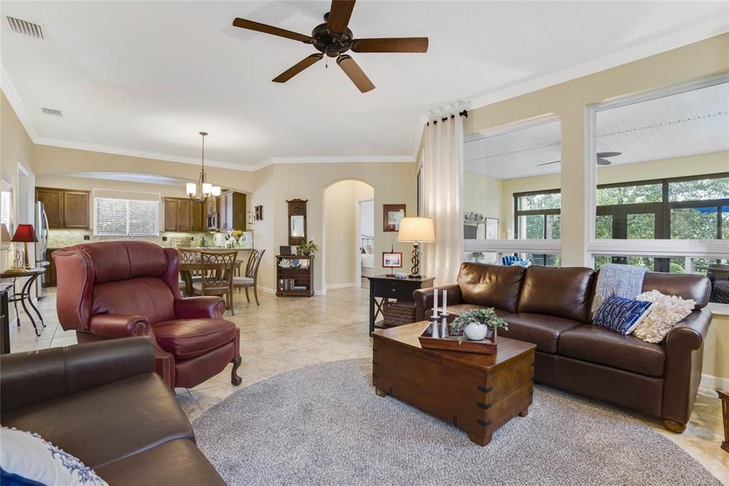 View from the Great Room to the Dining & Kitchen areas