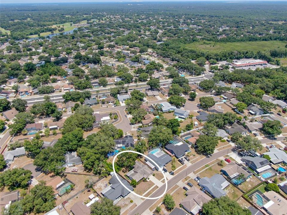 Aerial view of home and Bloomingdale West neighborhood